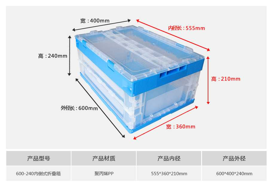 轩盛塑业600-240塑料内倒式折叠周转箱透明款